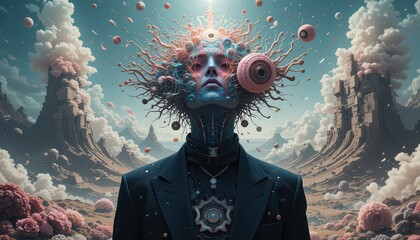 Surreal visionary with cosmic mindscape explores fantastical alien planet landscape