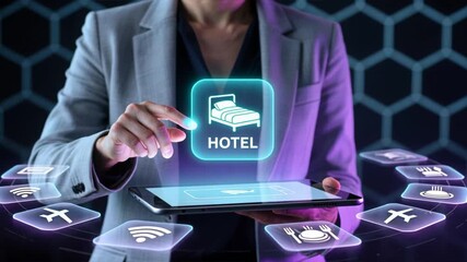 A businessman pointing on a tablet interface with glowing hotel icons, futuristic hotel property management system, pms - Powered by Adobe