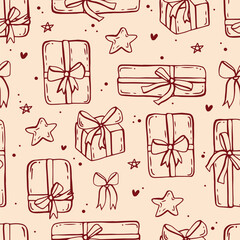 Vintage Christmas line art whimsical seamless pattern. Coquette wrapping paper design
