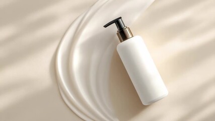 White cosmetic pump bottle placed on soft beige surface with a swirl of cream beside it, photographed in natural light, skincare product concept - Powered by Adobe