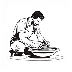 Minimalist Vector Illustration of Potter Shaping Clay on Pottery Wheel