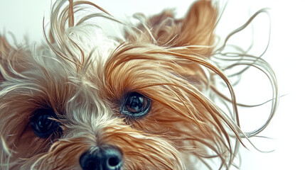 Naklejka premium Close up portrait of a wet yorkshire terrier with messy fur against a white background looking at the camera