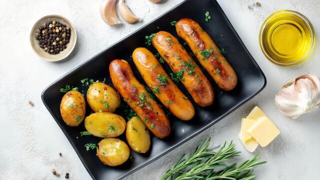 Grilled sausages and roasted baby potatoes served with herbs on black plate, overhead on light background. Concept of rustic home cooking