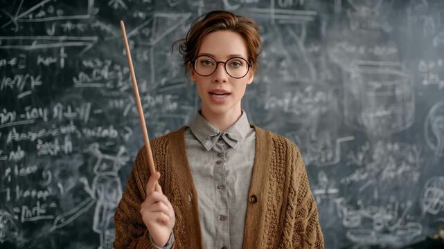Woman teacher in glasses holding a pointer stick, standing before a chalkboard with math formulas, in a classroom concept