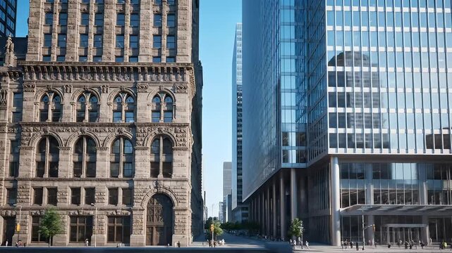 Contrasting Architecture Old Stone Building Meets Modern Glass Skyscraper - Powered by Adobe