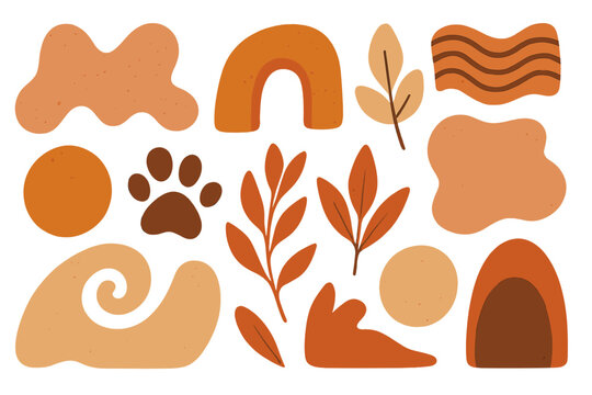Set of abstract organic shapes, autumn leaves, and a paw print. Boho design elements in earthy tones. Modern terracotta vector collection for fall season and pet themes.