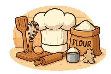 Baking concept with chef hat, flour, egg, and kitchen utensils. Culinary cartoon for bakery, pastry shop, or cooking class. Vector illustration of cooking ingredients and tools.