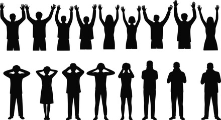 Group of people silhouette with raised hands, emotional gestures, stress, anxiety, frustration, diverse human expressions, black isolated vector illustration