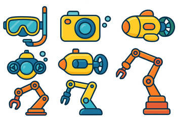 Set of underwater exploration icons. Submarine, diving mask, camera, robotic arm for marine research. Ocean technology concept. Flat cartoon vector illustration collection.