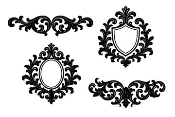 Elegant black baroque vector set with crest, frame and flourishes. Classic vintage ornaments with damask scroll and acanthus leaf for a royal logo, wedding invitation or border.