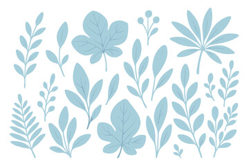 Set of blue leaves and branches. Collection of botanical design elements. Hand-drawn plant and foliage illustrations. Vector clip art for nature themed projects. Decorative.