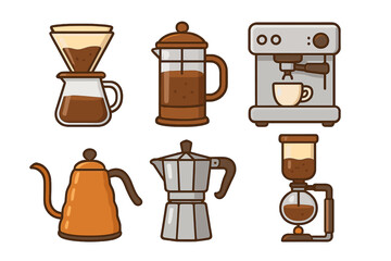 Set of coffee brewing methods. Pour-over, french press, moka pot, siphon, gooseneck kettle and espresso machine. Vector illustration icon collection for coffee lovers.