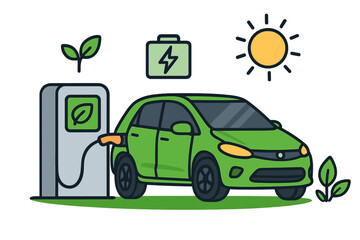 Electric car at charging station. Eco-friendly transport technology. EV automobile getting battery recharge. Green energy, sustainability, solar power, modern mobility vector cartoon.