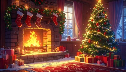 Cozy Christmas Living Room with a Glowing Fireplace and Decorated Tree.