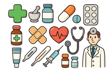 Medical icon set cartoon collection. Healthcare and pharmacy graphic elements. Vector illustration of doctor, pills, medicine, syringe, stethoscope, and first aid symbols.