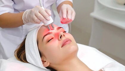 Naklejka premium A skincare specialist applies a facial treatment device to a woman's forehead, highlighting the calming and rejuvenating beauty session.