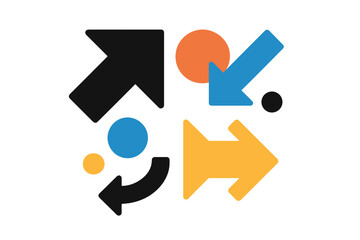 Abstract geometric arrows and circles design with contrasting black, blue, orange, and yellow shapes on minimalist white background, modern vector illustration, bold colorful symbols