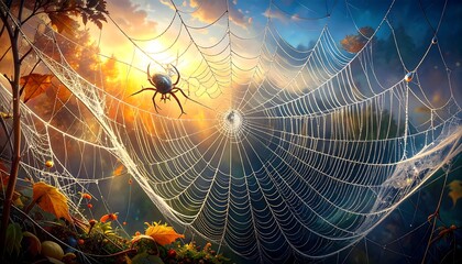 A magnificent spiderweb, draped with morning dew, spans a mystical autumnal forest, illuminated by a warm sunrise.