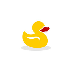 A simple, stylized illustration of a yellow rubber duck with a red beak, casting a soft shadow on a white background.