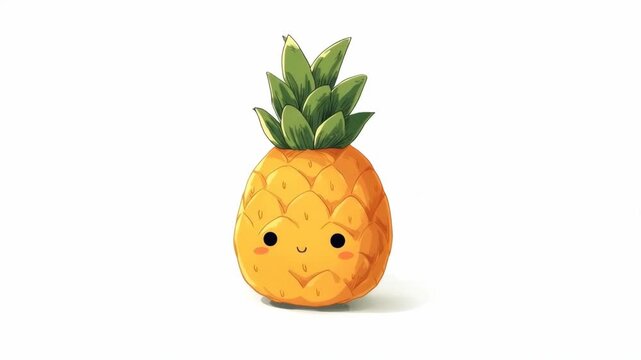 Adorable pineapple with a happy face and green leaves, hand-drawn cartoon style on white background, concept of cute fruit character