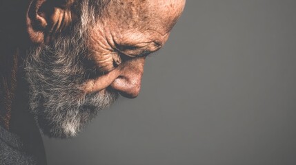 Elderly man with beard and wrinkles, thoughtful face and calm expression.