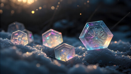 Mystical hexagonal crystals floating amidst dreamlike clouds with golden light