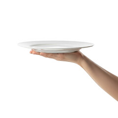Fototapeta premium Hand holding a white plate presentation isolated on transparent background