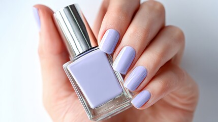 Female hand with pink manicure holding nail polish bottle.
