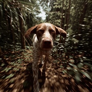 POV of a hunting dog running through a dense green forest