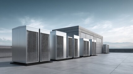 Fototapeta premium Rooftop HVAC Units: Commercial Air Conditioning and Ventilation Systems Against a Clear Blue Sky for Cooling and Heating