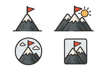 Mountain with flag icon set. Metaphor for business success, reaching a goal, achievement, and mission accomplished. Vector illustration for victory, leadership, and challenge.