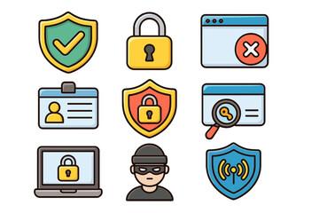 Security icon set. Vector collection of internet safety symbols. Cyber protection, data privacy, secure network, and password concepts. Includes shield, lock, and hacker icons.