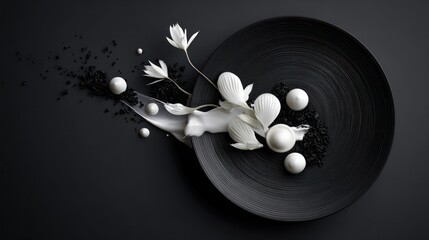 Elegant arrangement white flora, spheres, & black granules on a dark plate, offset composition