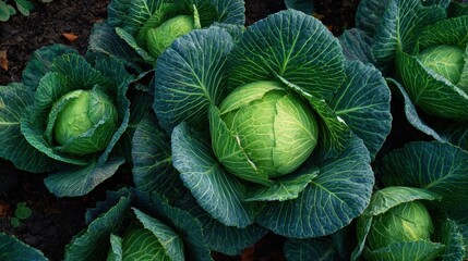 Fototapeta premium Top view of cabbage patch with fully grown heads surrounded by dark soil 