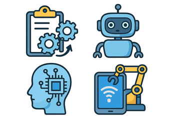 Fototapeta premium Automation and robotics icon set. Artificial intelligence, machine learning, and cyborg concepts. Vector icons for industry 4.0, smart technology, and business process.