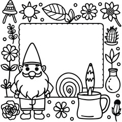 Fototapeta premium Whimsical garden gnome adult coloring border frame with flowers and nature elements 