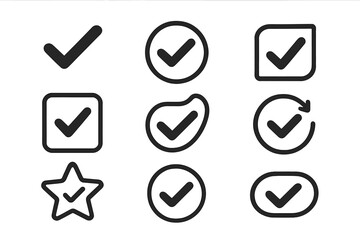 Check mark icon set. Tick symbols for approval and validation. Minimalist vector design. Correct sign for yes, vote, ok, success, confirm, verified. Quality check icons.