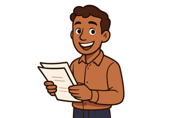 Happy cartoon man holding documents. Smiling businessman reading a report or contract. Successful student with good news. Office worker character vector illustration.