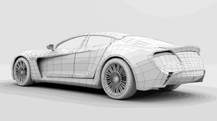 Futuristic Wireframe Electric Car CAD 3D Illustration