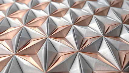 Geometric metallic texture close-up with rose gold and silver tones abstract surface pattern
