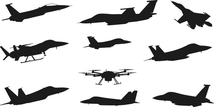 Military fighter jet silhouettes, modern warplane illustration, combat aircraft design, drone vector graphic, aviation technology artwork, airplane shadow set, defense aircraft