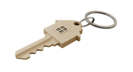 Wooden house shaped key with a small window detail and metal keyring isolated on white background