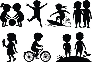 Happy children playing outdoors, riding bicycles, eating ice cream, surfing, silhouette illustration of active kids having fun in summer