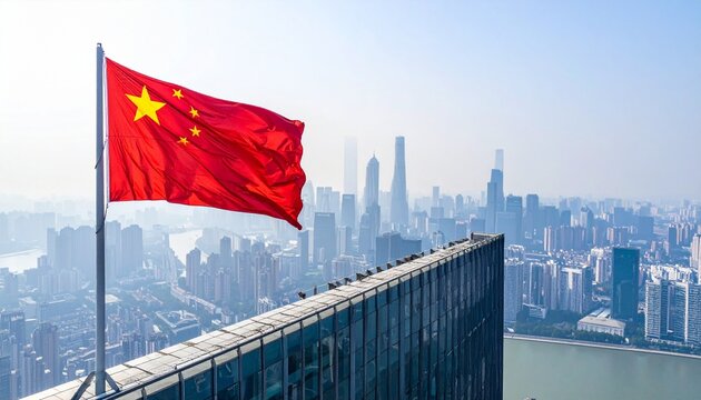 Chinese flag waving proudly over a modern metropolis skyline