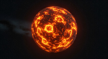 Molten planet on a starry background, a distant exoplanet with surface activity