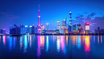Naklejka premium Vibrant futuristic city skyline illuminated at night with colorful reflections on the water