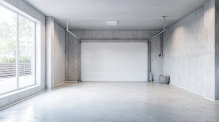 Obraz premium Modern Empty Garage Interior with Concrete Walls, Polished Floor, and Natural Light from a Large Window