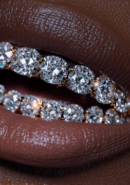 Extreme close-up of a person's mouth with diamond grillz