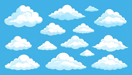 Various cartoon clouds against a vibrant, light blue sky, perfect for illustrations.