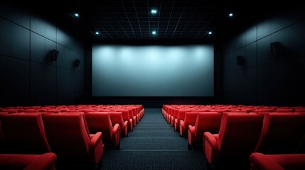 Empty Movie Theater with Red Seats and a Blank Screen Ready for a Cinematic Experience